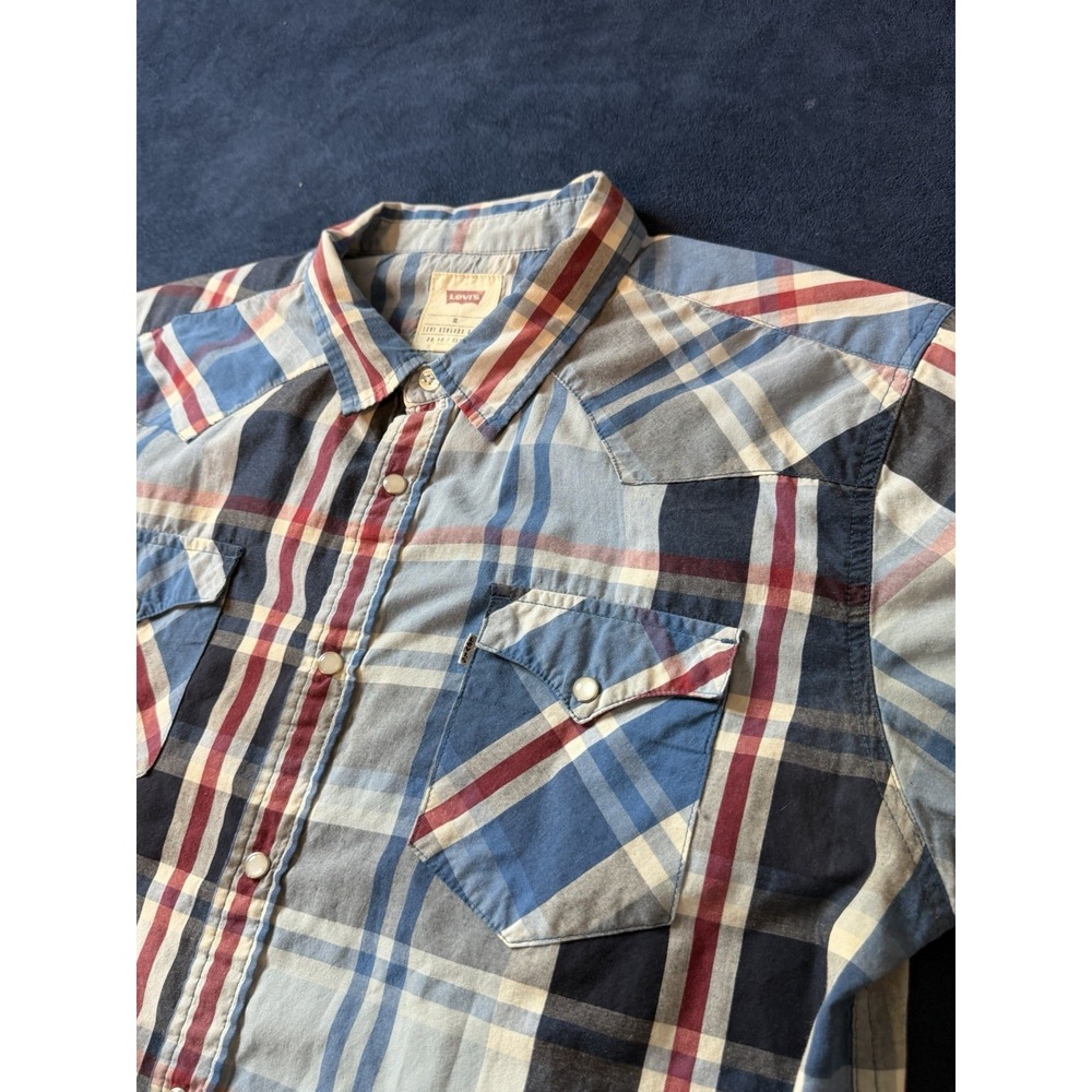 Levis Shirt Western Pearl Snap Mens XL Short Sleeve Plaid Red White Blue